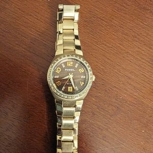 Fossil gold tone wood face women's watch